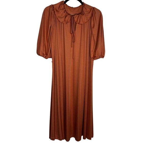 VTG 1970s Sz XL Copper Puff Sleeve Flowy Blouson Dress Peter Pan Collar & Belt - Picture 2 of 9